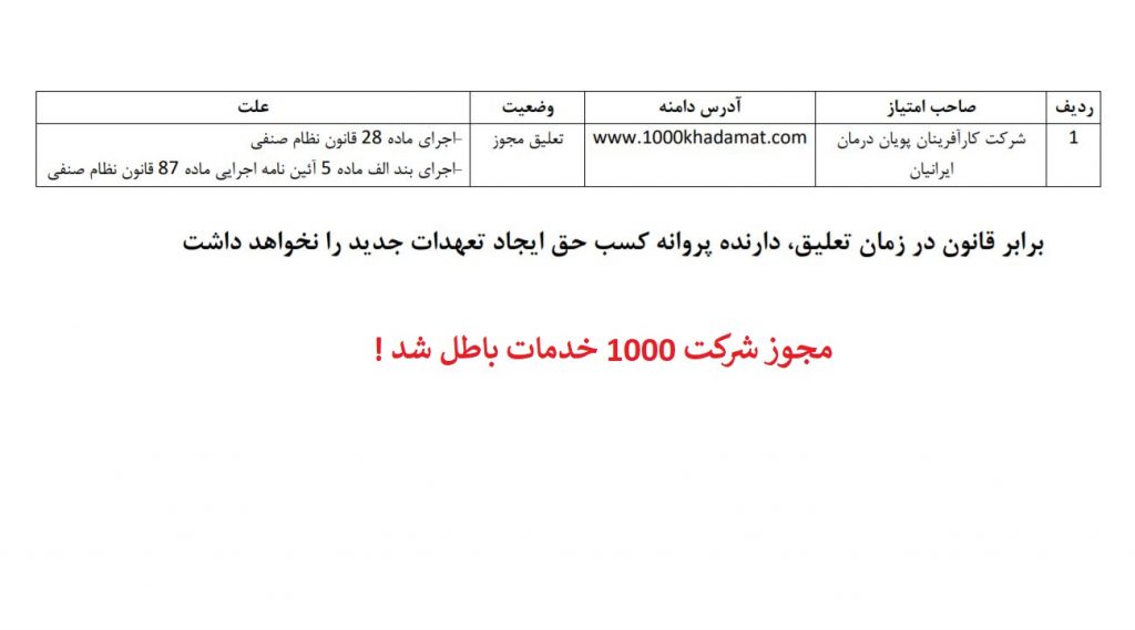 شرکت غیر مجاز بازاریابی شبکه ای 1000 خدمات - کارآفرینان پویان درمان ایرانیان
